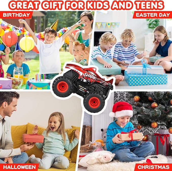 DYODYORC Remote Control Car 2.4Ghz All Terrain Shark Monster Truck Toys RC Truck with Music 3 Lighting Effects 360 Stunt Capable 2 Batteries Ready to Run Toy Gifts for Boys and Girls (Red)
