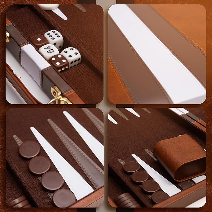 Backgammon Board Game Deluxe Leather Like Case Felt Interior Brown Classic Backgammon Game Popular Board Game Board Games (Small (11))