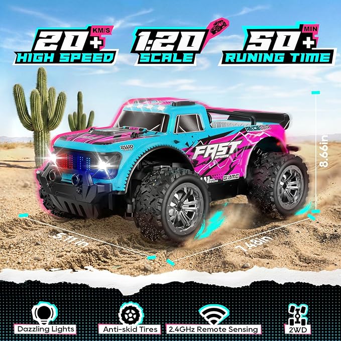 Remote Control Car 2WD Off-Road RC Cars 20 KM/H All-Terrain Rc Truck with Colorful LED Lights 2.4GHz 1/20 Remote Control Car for Boys 4-7 8-12 RC Gift Toys for Adults Girls