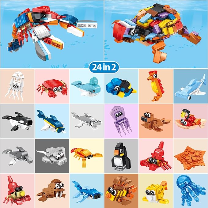 Party Favors for Kids - 24 Pack Ocean Animals Building Block Toy Goodie Bags Fillers Classroom Prizes Stuffers Gifts Building Set Christmas Birthday Gift for Boys Girls Ages 6-12