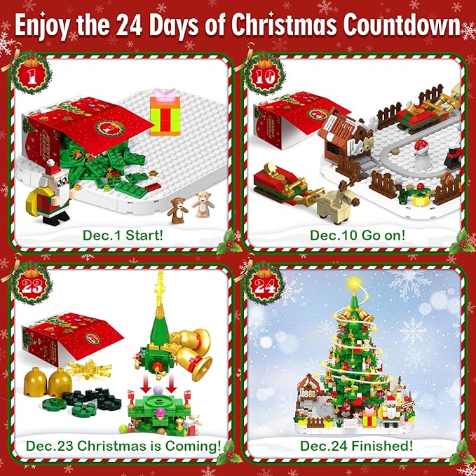 Advent Calendar 2025 Adult 1088 Pieces Christmas Tree Building Kit with Led Light 24 Days Christmas Countdown Christmas Tree Building Toy Set Ideal Xmas Gift Toy for Teen Boy