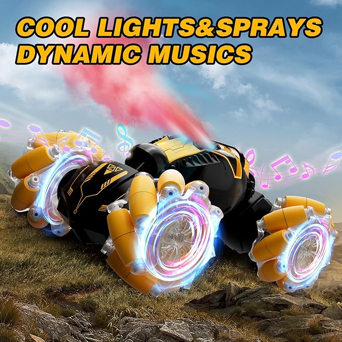 Remote Control Car for Boys 8-12 4WD Gesture Sensing RC Stunt Car 2.4Ghz with Lights Music Sprayer RC Cars for Boys Age 4-7 8-12 Hand-Controlled Cars Toys Birthday Gifts for Kids Girls Yellow