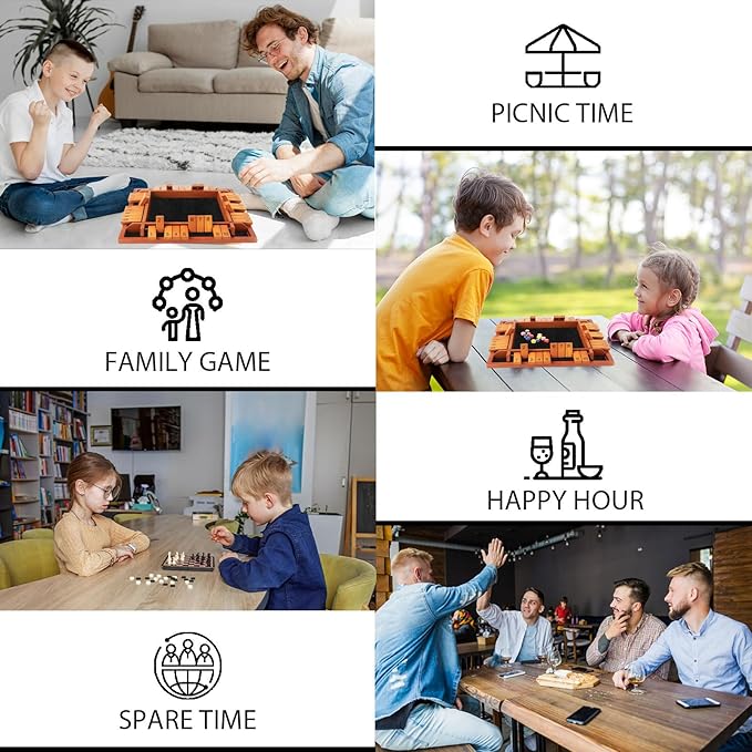 Upgraded 1-4 Players Shut The Box Dice Game Wooden Board Table Family Game for Kids and Adults with 12 Dice Classic Tabletop Math Game for Pub Classroom Party Gift for Christmas Birthday