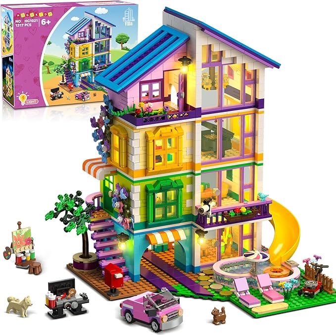 HOGOKIDS Girls House Building Set with LED Light - 1317 PCS Friends Villa Block Toy with Car and Pool Garden 4 Floor Building Kit for Role Play Birthday Gift for Girls Boys Kids Ages 8-14+