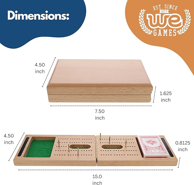 WE Games Solid Wood 2 Track Foldable Travel Cribbage Set with Storage Includes Cards &amp Metal Pegs Compact and Convenient for Travel Board Games for Adults 15 inches