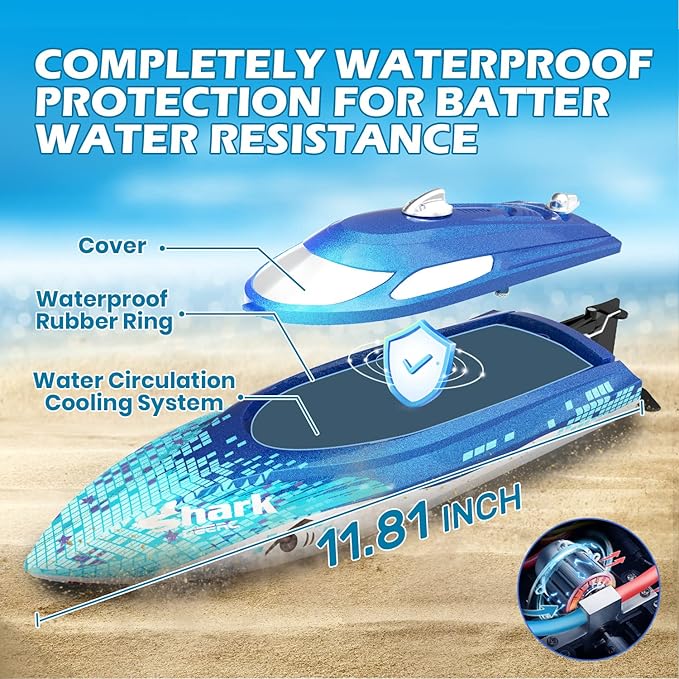 DEERC Full Proportional Remote Control Boat with LED Lights Shark Graffiti 20+ MPH2.4GHz High Speed RC Racing Boats for LakesPool Toys for Kids &amp Adults