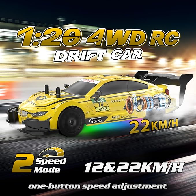 RC Drift Car 1/20 Scale 2.4GHz 4WD Remote Control Car with Led Lights 22KM/H High Speed Rechargeable Batteries Racing Sport Cars RC Cars for Kids Boys Girls Adults Gifts Birthday Christmas