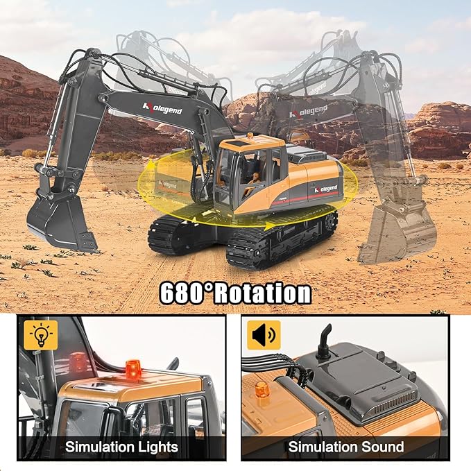 kolegend 3 in 1 Remote Control Excavator Toy 1/14 Scale RC Excavator 15 Channel Upgrade Full Functional Construction Vehicles with Tools Metal Breaker and Electric Gripper(Yellow/Black)