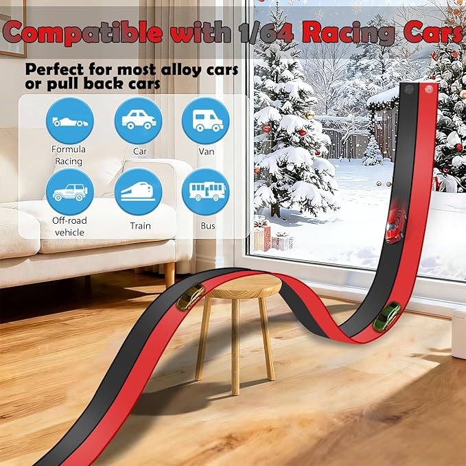 Flexible Race Track 15 Ft Starter Set Flex Tracks for Kids 3+ with Strong Suction Cups Flexible Car Race Ramp Track Compatible with Hot Wheels and Diecast 1/64 Cars Portable Rolls Up Race Tracks