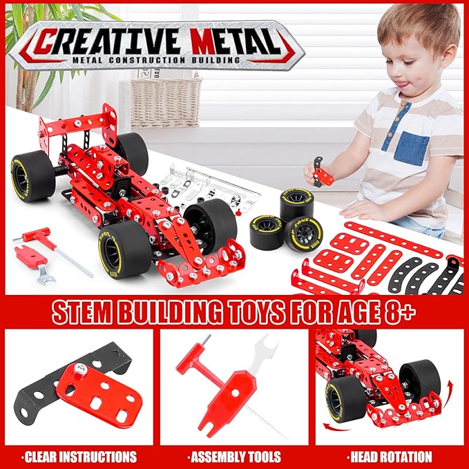 Building Car Metal Model KitsSTEM Building Toys Model Car Kits for Boys 8-12Erector Sets 1:20 Scale Red Racing Car Metal Building Blocks for Kids Boys 8 9 10 11 12-16 Years Old