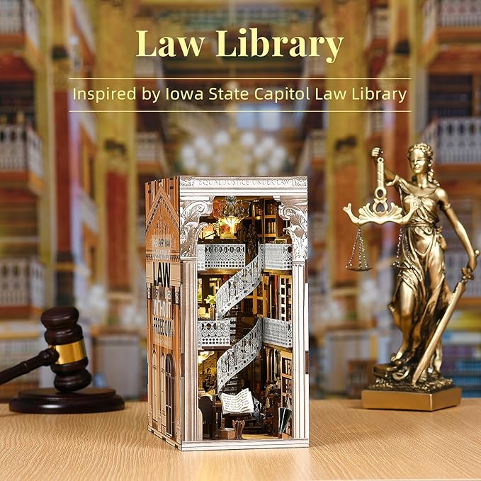 Book Nook Kit DIY Dollhouse Booknook Book Nook Miniature Kit for Bookshelf Insert Decor Crafts for Adults Teen Halloween 3D Wooden Puzzle with Led Light (Law Library)