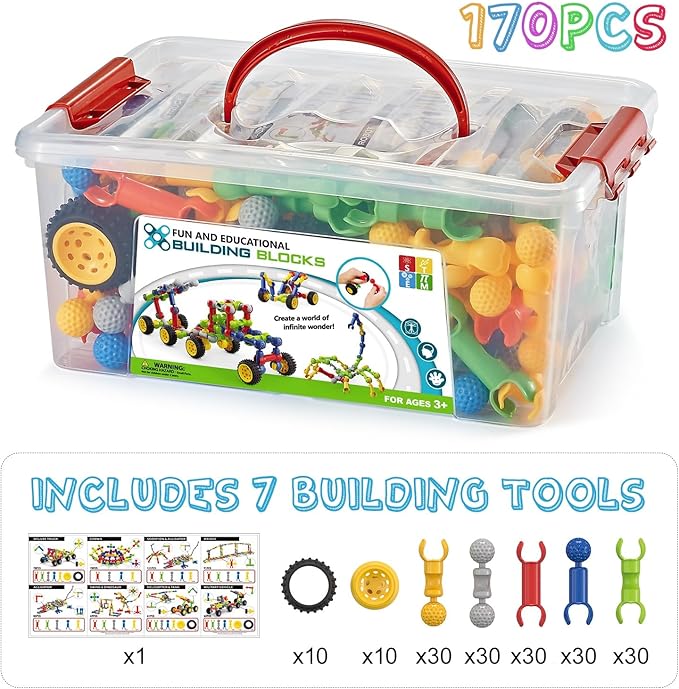 170 Pcs Building Toys for Kids Ages 4-8 with Toy Box Storage Idea Guide Building Blocks STEM Toys for 3 4 5 6 7 8 9 Year Old Creative Kids Activity Christmas Birthday Gifts for Boys Girls