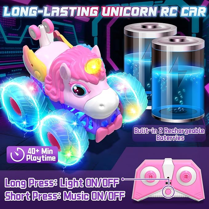 Lehoo Castle Remote Control Car for Girls 360° Rotating Unicorn Monster Truck with Light &amp Music 4WD All Terrain RC Stunt Car Rechargeable 2.4GHz RC Truck for 3 4 5 6 7 8 Girls Birthday Gift