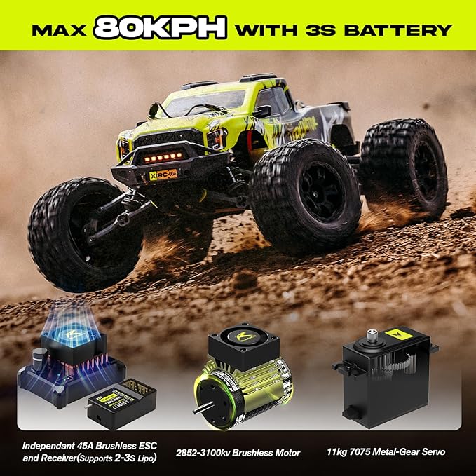 AMORIL 1/10 RTR Brushless Fast RC Cars for AdultsMax 50mph Hobby Electric Off-Road Monster TruckWaterproof High Speed RC Car 4WD Remote Control Car with 3S LipoGreen