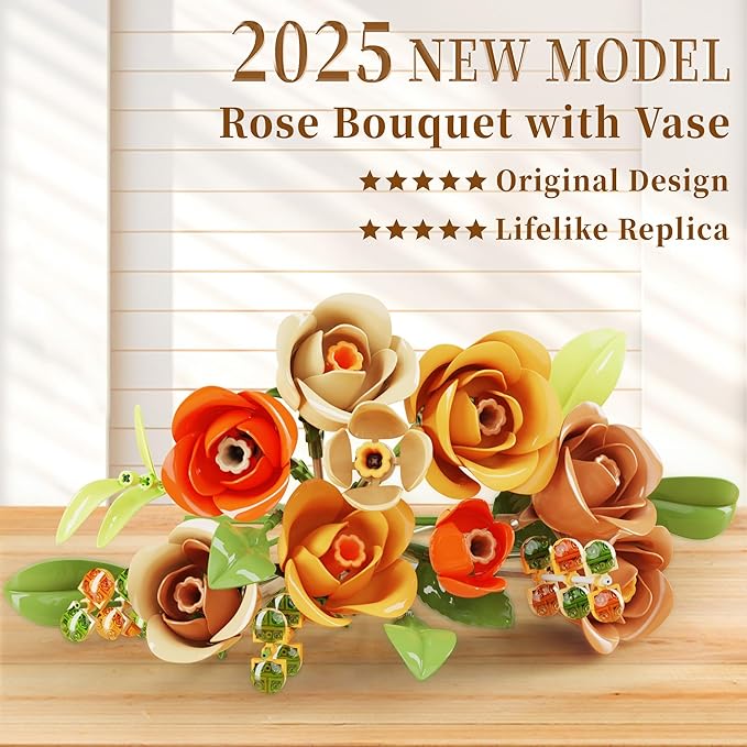 Flowers Set with Vase for Adults Compatible with Lego Flowers Icon Roses Bouquet Botanical Collection Kits Artificial Flower Set Valentines Day Gifts for Her Him Kids 14+ Home Office Decorations