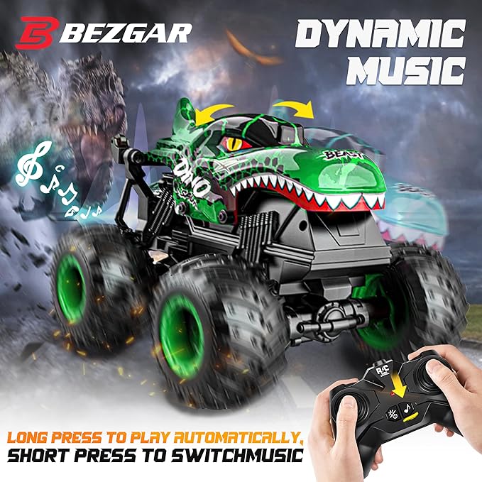 BEZGAR Monster Truck Toys - Remote Control Monster Truck with Light &amp Music Dinosaur Toys for Kids 1:20 Scale RC Truck with 360° Spins and Drifting Remote Control Car for Boys 4-7