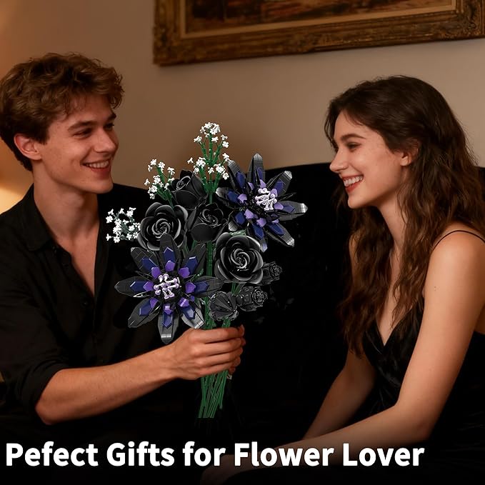 Flower Bouquet Building Set 12 Gothic Black Rose and Lotus Botanical Collection Building Block Toy Compatible with Lego Flowers for Adults Women Home Decor Gift for Valentine Mother's Day