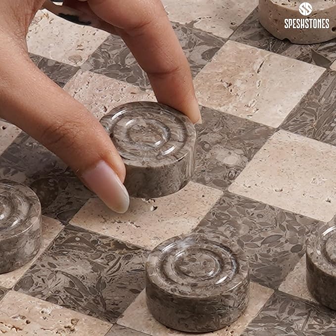 Marble Checkers Set 15 Inches Handmade Travertine &amp Oceanic Checkers Board Game with Checker Pieces - Board Games for Adults Game Table Accessories Gifts &amp Home Décor