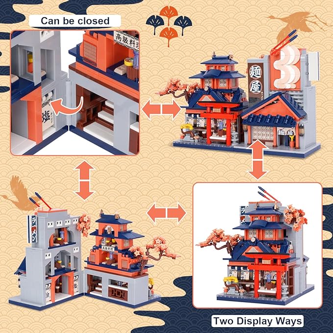 Oichy Japanese Street View Ramen Shop Mini Building Blocks Creative City Architecture Model Set 1083 PCS Mini Bricks Construction Toy Building Sets Idea Gifts for Kids and Adults