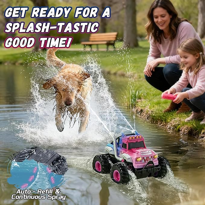 Remote Control Car for Girls Waterproof Pink Monster Truck Toys W/Blocks &amp 360°Spin 1:18 Amphibious RC Cars 4WD All-Terrain Off-Road RC Trucks Birthday Gifts Pool Toys for Kids Age 3-12