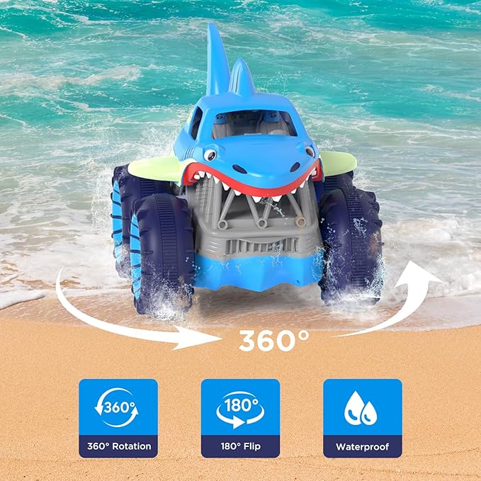 MaxTronic Fast Direct Charging Remote Control Car Rechargeable Amphibious RC Cars with 2.4Ghz 4WD All Terrain Waterproof RC Shark Monster Truck Toys for Boys Girls 3-12 Years