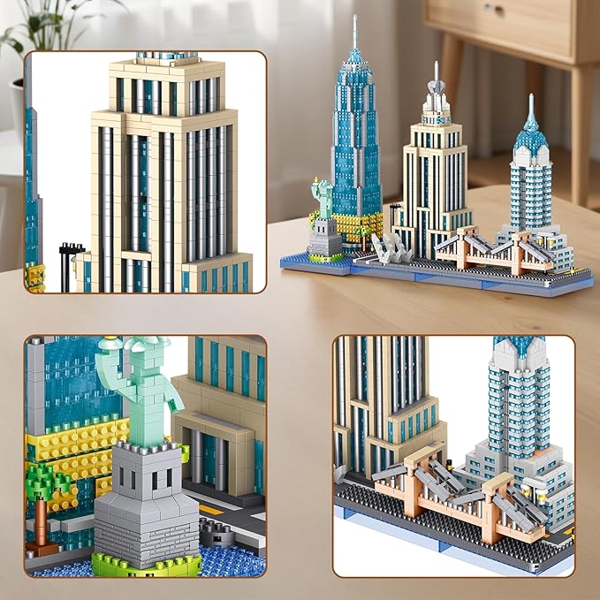 New York Skyline Micro Mini Blocks Building Set The Statue of LibertyEmpire State Architecture Building Brooklyn Bridge Gift for Kids and Adults (3262 Pieces)