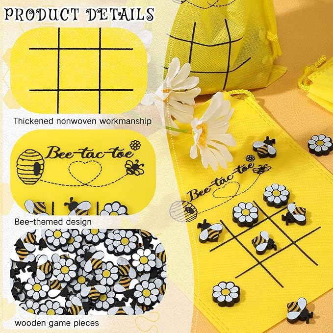 Sumind 36 Sets Bee Tic Tac Toe Game Bee Party Favors for Kid Mini Flowers Honeybee Drawstring Gift Bags for Boys Girls Back to School Birthday Baby Shower Classroom Party Supplies