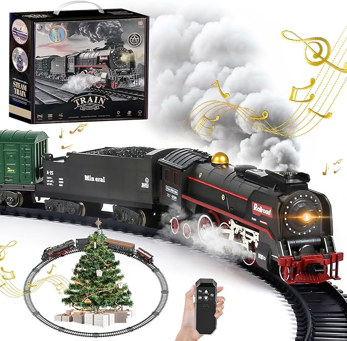 Christmas Electric Remote Control Train Set with Smoke Lights Sound Locomotive Cars and Remote Carriage 3 Smoke Outlets USB Rechargeable with Track Under Christmas Tree Gifts for Kids 3+
