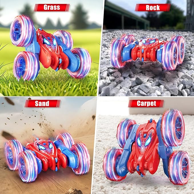 Spider Remote Control Car 360° Stunt RC Cars for Kids Ages 6-12 Double-Sided Rotation 4WD Cool Wheel Lights&amp2.4GHz Control Rechargeable Electric Race Car Toys Gift for Boys Girls (Red&ampBlue
