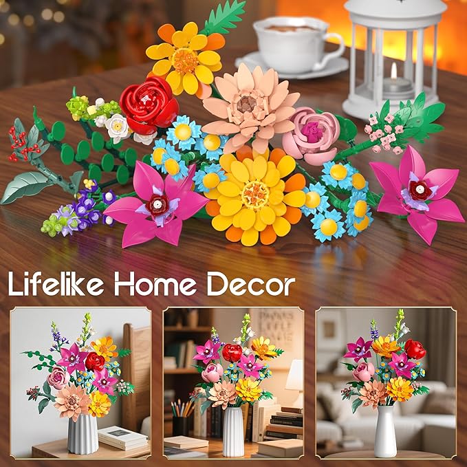 Flowers Bouquet Building Set 887 Pcs with Flower Artificial Roses for Home Office Decoration Gift for Mother's Day Valentine's Day and Kids 6+/Adults Birthday