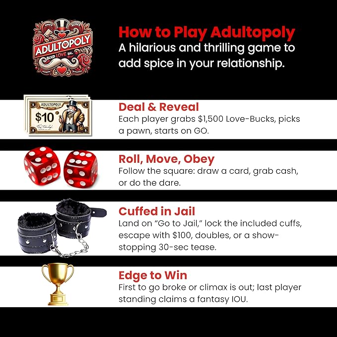 Adultopoly with Handcuffs – a Romantic Spin on The Classic Board-Game. Playful Date Night Games for Couples to Spark Romance Fun and Deeper Connection. The Ultimate Adultopoly Board Game