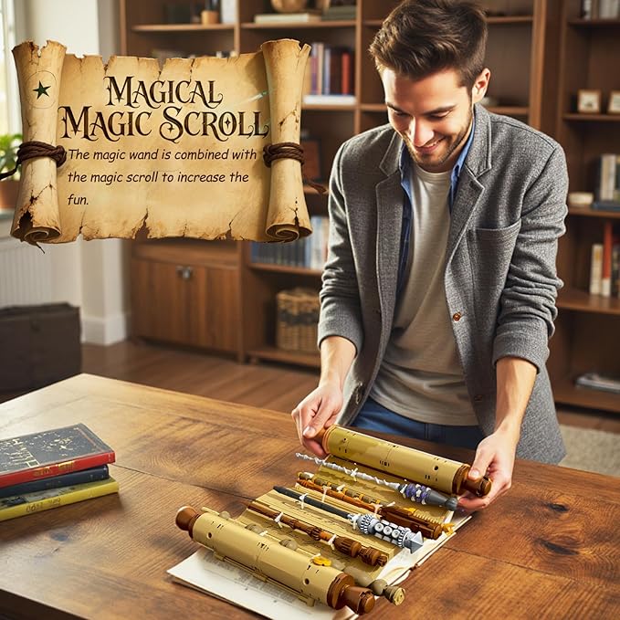 Inspired Magic Scroll Building Block Set with 7 Unique Wizard Wands Movie Fantasy Fans DIY Construction Toy for Enthusiasts Ideal Gift for Kids &amp Collectors
