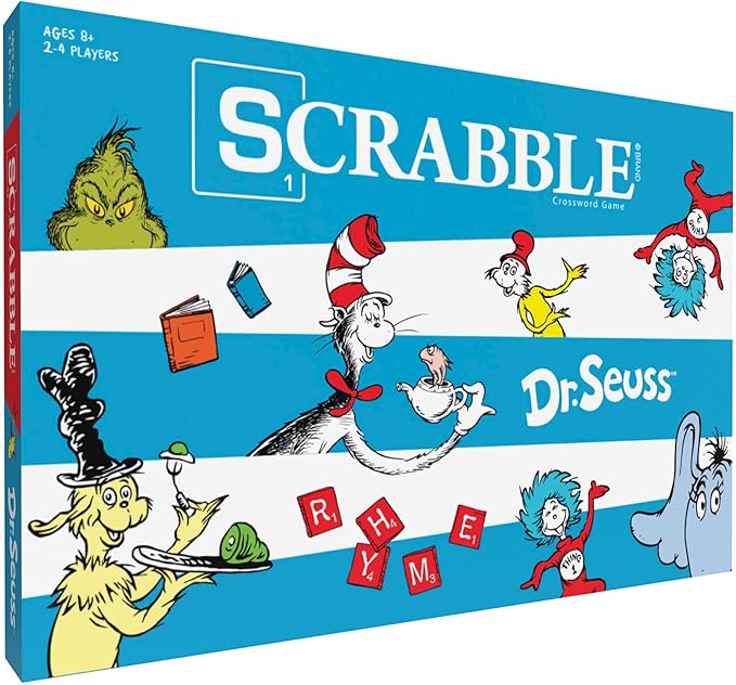 Scrabble Dr. Seuss Board Game | Official Scrabble Game with a Rhyming Twist | Custom Dr. Seuss Cards and Themed Scrabble Board | Bonus Points | Play Traditional Rules Plus New Features