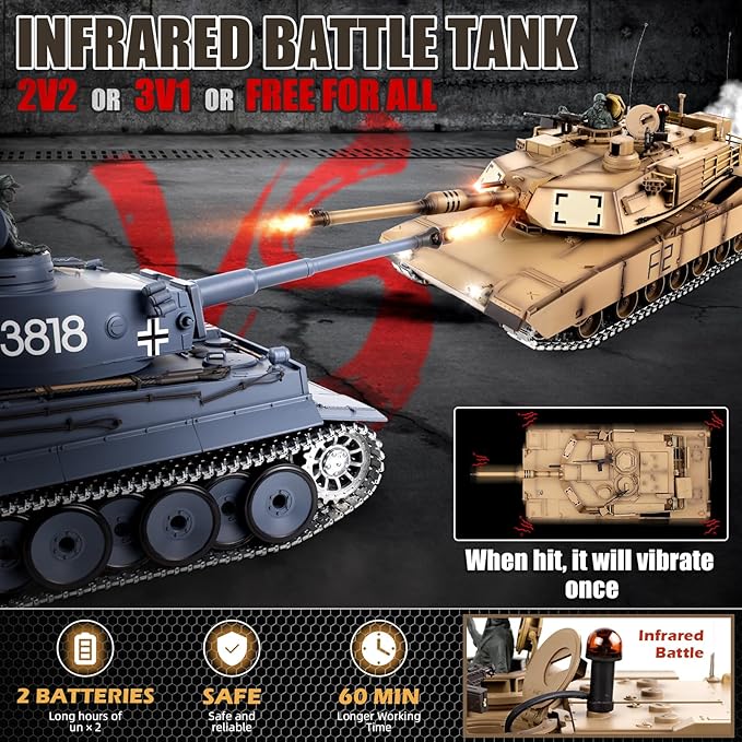 1/16 RC Tank Heng Long US M1A2 Abrams Army Toy with Smoke Sound and Lights Remote Control Tank That Shoots with Upgraded Metal Tracks Idler and Sprocket Wheel Steel Gearbox Batteries*2