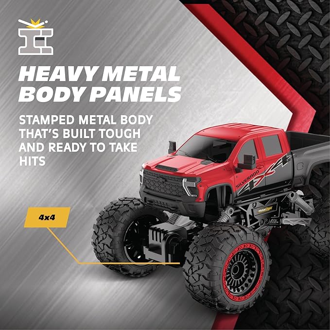 RC 4WD Heavy Metal Chevrolet Silverado Truck – 1:14 Scale Remote Control Car Stamped Metal Body 2.4GHz Full-Function Radio Control USB Rechargeable Ready to Run Red