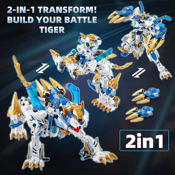 White Tiger 2 in 1 Mech Building SetsTransform Robot Building Blocks Kits for Adults Transforming Mecha Building Kits Action Figure ToysBirthday Gifts for Boys Ages 8 10 12 14 (White Tiger)