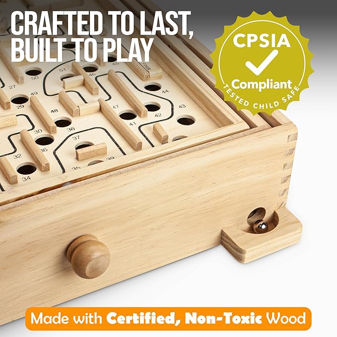 Sterling Games Wooden Labyrinth with 3 Swappable Boards – Classic Maze Game with 60 36 and 25 Waypoints – Wooden Tilt Puzzle with Knob Control and 3 Steel Marbles for Kids Age 6+