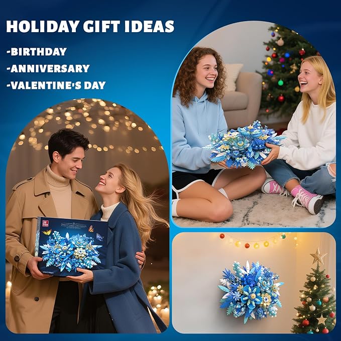Blue Flowers Bouquet Building Sets Artificial Flower Botanical Collection Home Decor Office Wall Art Plant Decoration Building Toys Gifts for Adults Women and Kids Girls Age 8-12 (917 PCS)