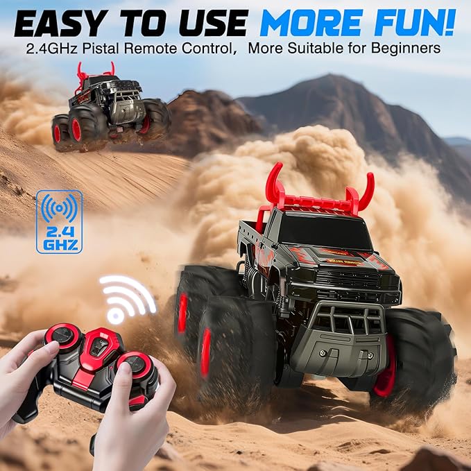 1:16 Waterproof Monster Truck Toys RC Cars 2.4GHz Remote Control Truck for Kids Boy Ages 89101112 Years Old 4WD All Terrain Off-Road with LED Lights RC Boat for Boy Girl Birthday Gift - Red