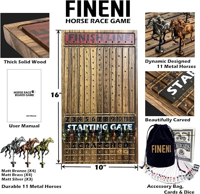 Horse Racing Game for Adults Horse Race Board Game with 11 Luxurious Antique Matt Metal Horses(Bronze Brass Silver) 19” Wood Horse Race Game Board Dice &amp Card Included (Log)