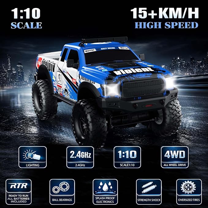RC Cars RC Crawler 1/10 Scale RTR Remote Control Car 4WD 2.4GHz Brushed Offroad Racing Hobby Grade Model Vehicle with LED Lights 2Pcs Battery Toy for Kids and Adults