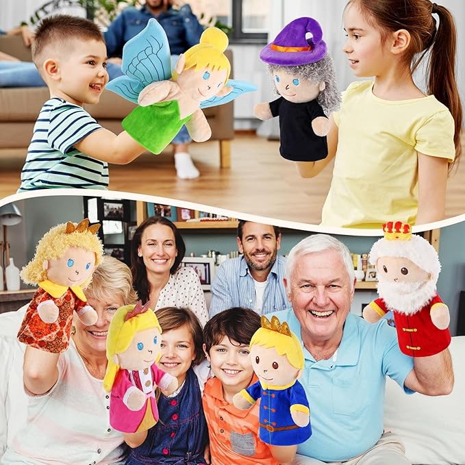 6 Pcs Castle Hand Puppets Fairy Tales Queen &amp King Princess &amp Prince Elf &amp Witch Plush Toys Role-Play Toy Puppets for Kids Storytelling Imaginative Pretend Play Teaching Preschool(6 Cart