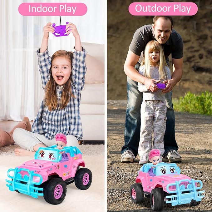 Remote Control Car- RC Truck with DIY Stickers and Doll for Kids Girls Birthday 1:20 Scale RC Truck Full Functions Creative Racing Car for Toddlers Kids Indoor Outdoor Games Pink