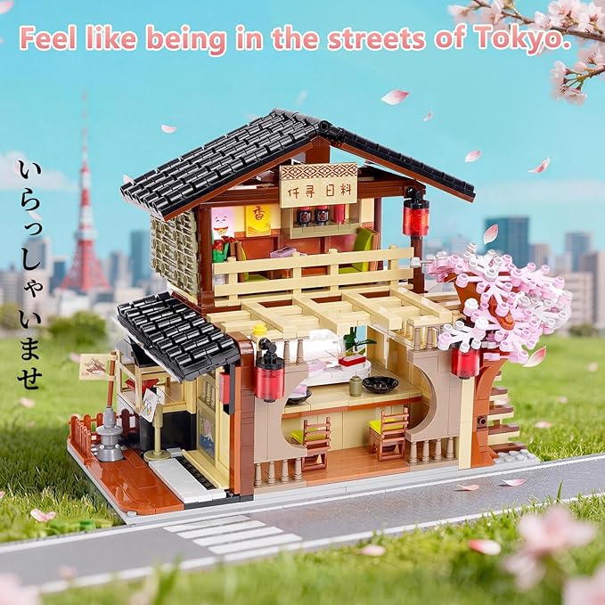 Toy Building Block Japanese Sushi Shop Model Kit Compatible with Regular Size Brick Creative Construction Shop House City View Birthday Gift for Adult Children Kids Boys Girls 8+ 763 PCS