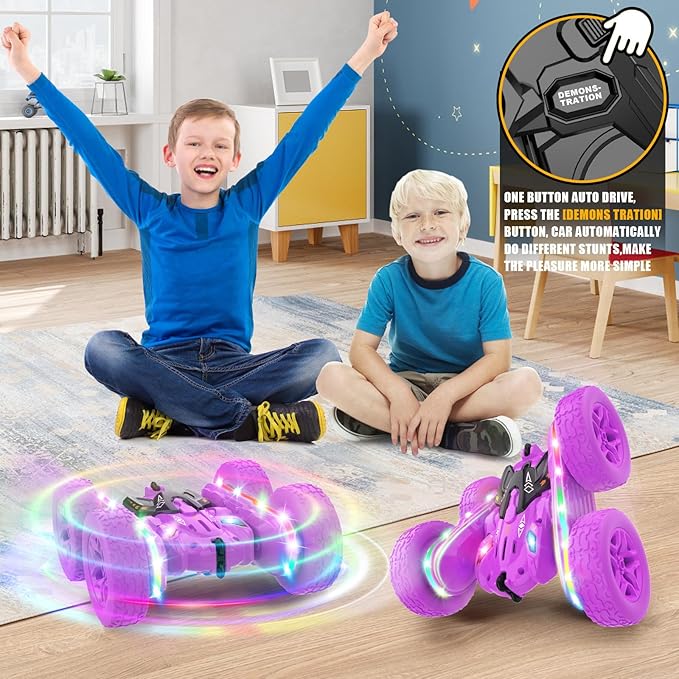 Remote Control Cars for Girls 2.4GHz RC Stunt Car with 360° Flips &amp Double Sided Driving LED Strip Lights and Headlights Changeable Wheels Birthday Gift for 5-12 Year Old Girls (Purple)