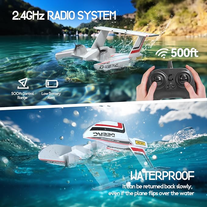 DEERC RC Plane for Water Land &amp Air Amphibious Tri-Phibian Aircraft 3CH Remote Control Plane W/ 2 Batteries 2.4GHz RTF Airplane Glider for Boy Girl
