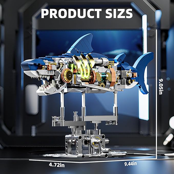 687-PCS Mechanical Shark Building Set with LED Light Movable Linkage Gears Display Stand - Ocean Building Block Toy for Adults Teens Kids Age 12+