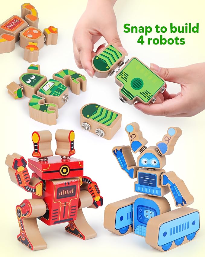 Coogam Fine Motor Building Robot Blocks for 3 4 5 Years Old Kids Wooden Snap Together Builders STEM Take Apart Robot Playset Educational Learning Toy Gift for Boys Girls