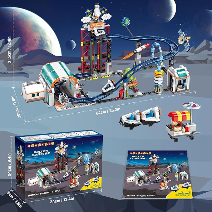 HOGOKIDS Space Roller Coaster Building Toy 926PCS Coaster Building Set Features Lift Platform Satellites Rocket Buildable Space Rollercoaster Adventure Park for Adults Kids Girl Boy Ages 6+years old