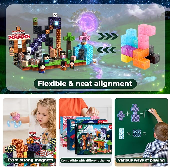 300PCS Magnetic Blocks - Magnet Building Blocks Stacking Magents Cubes Toys Adventure Set Theme STEM Montessori Sensory Toys for Kids Boys and Girls Ages 3 4 5 6 7 8 9 10 Christmas Birthday Gifts